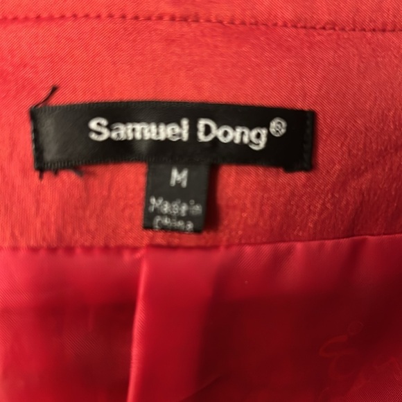 Samuel Dong Belted Brocade Elasticized Coat Red/Black Snap Closure - Picture 6 of 9